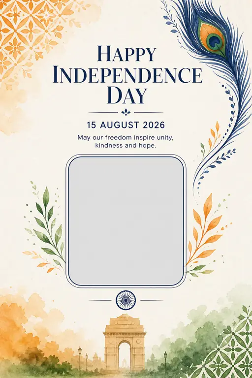 Personalized Independence Day card with a photo frame, watercolor botanicals and India Gate