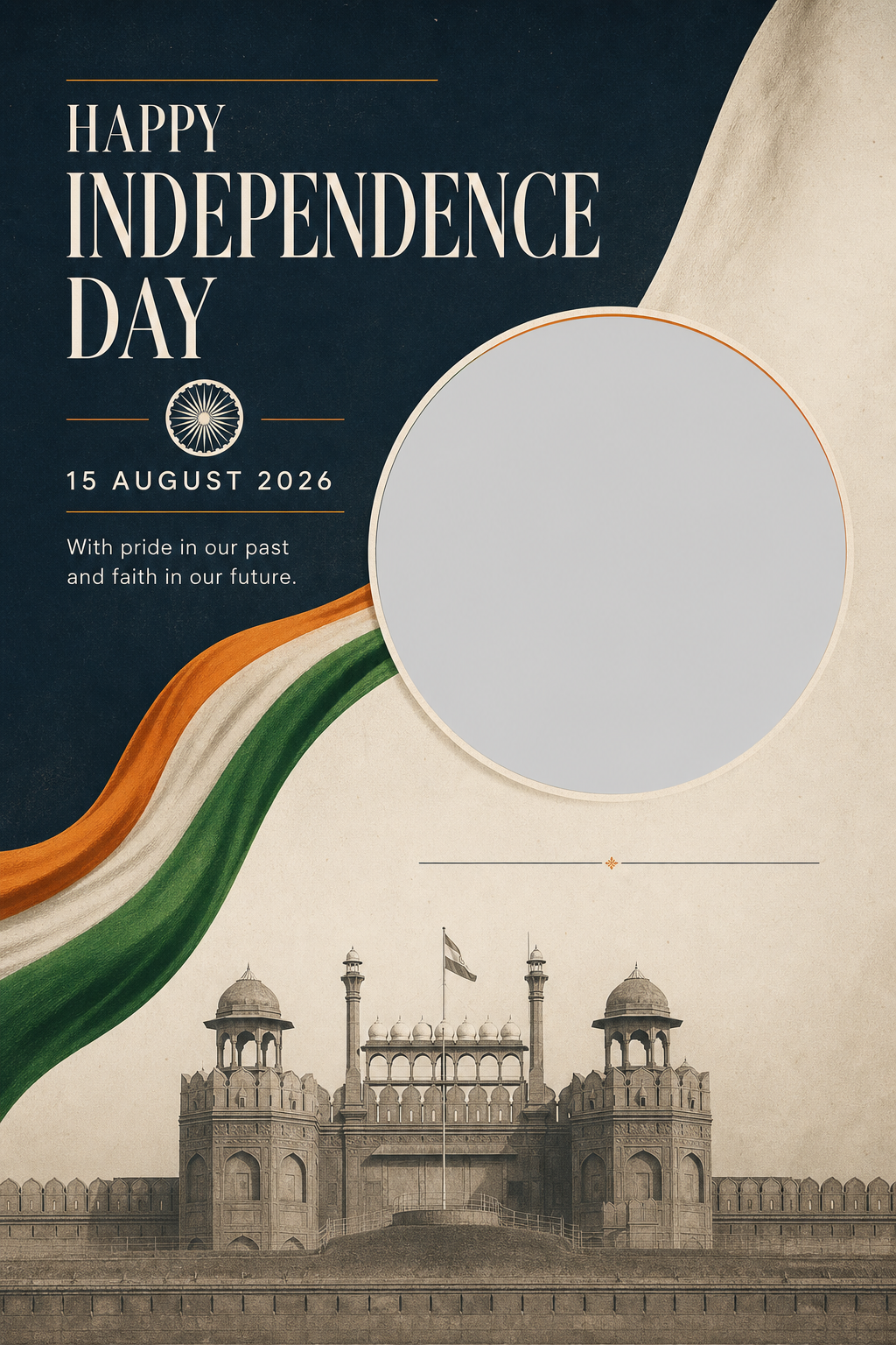 15 August card with a portrait frame, the Red Fort and a flowing Indian tricolor