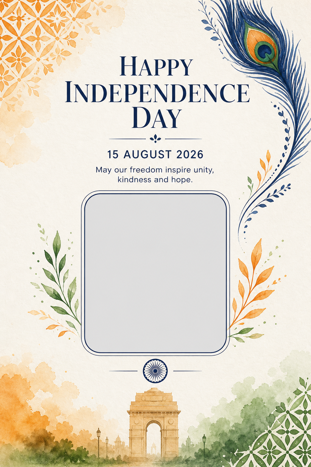 Personalized Independence Day card with a photo frame, watercolor botanicals and India Gate